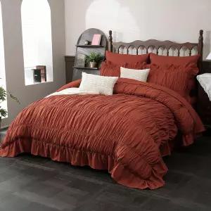 허사이드 브릭 레드 러프 이불 세트 퀸 사이즈 보호 러플 침구 9개 인 어 백 플러피 럭셔리 플랫 시트 핏