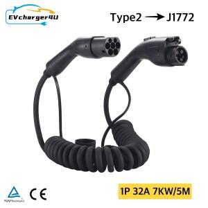 EVcharger4U IEC62196 타입 2에서 J1772 1로 전환 가능 EV 충전 스파이럴 케이블 1상 32A 7KW 타입1로 전기