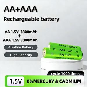 1.5V 충전식 알카라인 배터리 AA 3800mAh + 고용량 가정용 기기 장난감 및 리모컨용 장시간 사용 가능