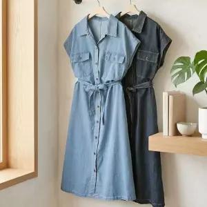 [NS홈쇼핑][샵앤] 여성 카라넥 앞단추 레이어드 캡소매 데님 롱원피스 JR-WDR-5202..