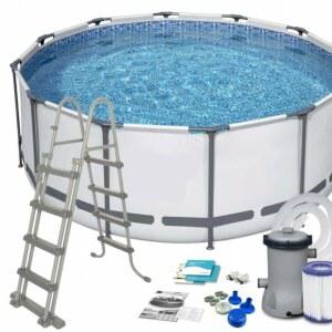 그라운드 풀 위의 강철 프레임 u2013 내구성 있는 3중 라이너 및 방청 프레임, 펌프, 사다리 및 수리 패치가 있는 가족 뒷마당 수영장 u2013 여름 재미를 위한 간편한 설정(5,500갤런)(144인치 48인치)