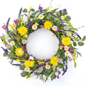 실내 야외 부활절 축하 행사를 위한 데이지와 라벤더가 포함된 현관문 꽃 화환용 J FLORU 인조 봄 여름