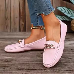 엘럽 여사친 춘추 큐빅 슈즈 빅사이즈 플랫 라운드 메탈 토 체인 박템3