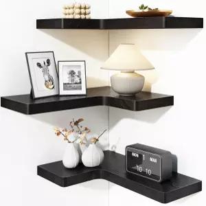 벽걸이 천연 원목 16인치 x11.4인치 농가 홈 데코 디스플레이 선반 3개 세트(블랙)용 픽스왈 코너 플로팅