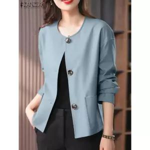 트위드 자켓 여자 린넨 크롭 코트 여성 가죽 청 재킷 ZANZEA 여성용 오피스 블레이저 긴팔 아웃웨어 캐주얼