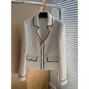 트위드 자켓 여자 린넨 크롭 코트 여성 가죽 청 재킷 여성용 빈티지 Y2k 기질 슬림핏 아웃웨어 패치워크 패