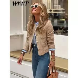 트위드 자켓 여자 린넨 크롭 코트 여성 가죽 청 재킷 여성용 카멜 긴 소매 단추 마모 O넥 포켓 숏 패션 가