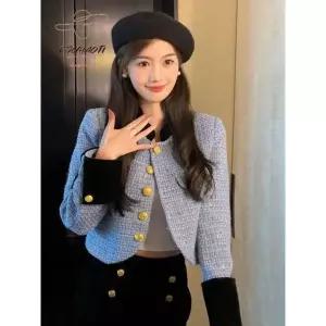트위드 자켓 여자 린넨 크롭 코트 여성 가죽 청 재킷 여성용 짧은 대비 색상 조인트 스탠드 칼라 작은 향수
