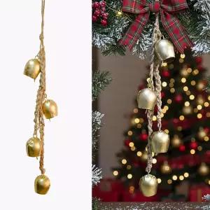 크리스마스 걸이 대형 소 방울 - 농가 정원 및 휴가 장식을 위한 소박한 황금 금속 중간 로프 세트 4