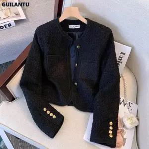 트위드 자켓 여자 린넨 크롭 코트 여성 가죽 청 재킷 여성용 긴팔 싱글 브레스트 슬림 스타일 빈티지 짧은