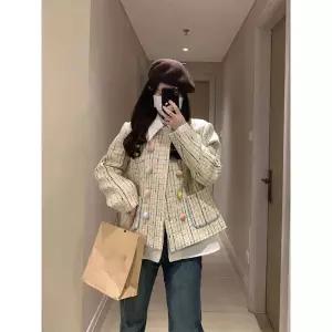 트위드 자켓 여자 린넨 크롭 코트 여성 가죽 청 재킷 여성용 빈티지 격자 무늬 블레이저 캐주얼 짧은 스트