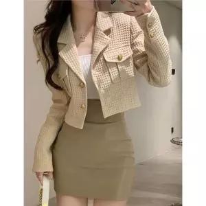 트위드 자켓 여자 린넨 크롭 코트 여성 가죽 청 재킷 MEXZT 여성용 기본 블레이저 오피스 레이디 가을 긴팔