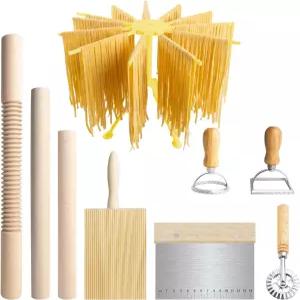 파스타 만들기 도구 롤링 핀 3개가 포함된 9피스 우드 키트 건조대 1개 뇨키 보드 반죽 커터 라비올리