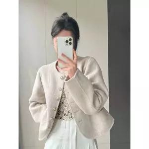 트위드 자켓 여자 린넨 크롭 코트 여성 가죽 청 재킷 Jmprs 여성용 프렌치 패션 스위트 싱글 브레스트 긴