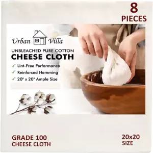 어반 빌라 치즈 천 8개 스트레인 100등급 표백되지 않은 머슬린 요거트 체 주스 버터 제조 용품 20x20 인치