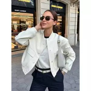 트위드 자켓 여자 린넨 크롭 코트 여성 가죽 청 재킷 여성용 빈티지 단색 짧은 봄버 주머니가 있는 외투 의