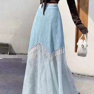 [아리엘스타일]레이스배색 여리핏 롱스커트 크모센롱스커트