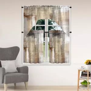 브라운 티어와 스웨그 창문 커튼 세트 - 3Pcs 주방 추상 미술 밸런스 블랙 막대 포켓 모던한 독특한 패턴