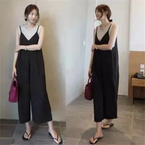 바지 블랙 캐주얼 여사친 와이드 브이넥 슬림핏 투인원 빅사이즈 쉬폰 멜빵 9부 ST1