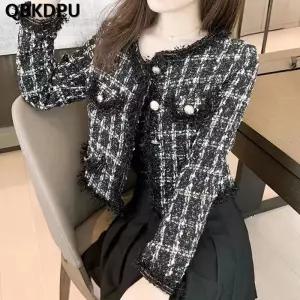 트위드 자켓 여자 린넨 크롭 코트 여성 가죽 청 재킷 여성용 태슬 숏 슬림 캐주얼 울 혼방 우아하고 시크한