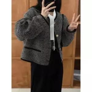 트위드 자켓 여자 린넨 크롭 코트 여성 가죽 청 재킷 Jmprs Bf O넥 빈티지 짧은 캐주얼 긴팔 싱글 브레스트