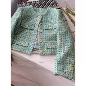 트위드 자켓 여자 린넨 크롭 코트 여성 가죽 청 재킷 여성용 빈티지 격자 무늬 긴 소매 오피스 스트리트웨