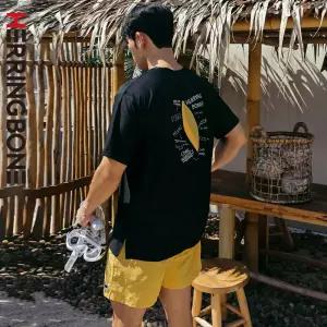 남자 래쉬가드세트 루즈핏 반팔 수영복 반바지 스윔팬츠 비치웨어 상의 하의 RH369 AE300 - 서핑보드 블랙(