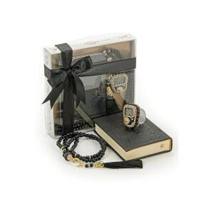 이 반 온라인 메디나 캘리그라피 꾸란 세트 이슬람 핑거 카운터, 휴대용 디지털 기도 타스비, 펄 지키르마틱 비즈, 라마단 및 이드 앤 모울리드(블랙) 선물 3종