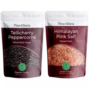 Viva Doria Tellicherry 홀 블랙 페퍼콘 355ml12온스 히말라야 핑크 소금 굵은 입자 0.9kg2파운드 후추 콤