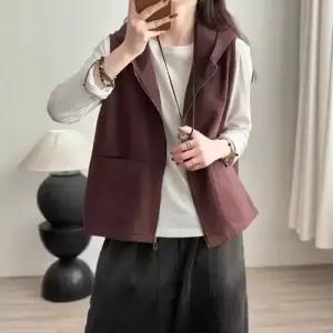 여성용 봄 캐주얼조끼 조끼 트윌 샤카면 솔리드 후드 집업 나시 상의 admr1