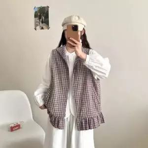 여성용 봄 조끼 집업 캐주얼조끼 체크 후드 민소매 admr1