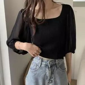 [SBD] 반팔 스퀘어 니트 쉬폰소매