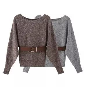 여친 니트 맨투맨 풀오버 가오리핏 벨트 티 프렌치숄더 셔츠 MF1