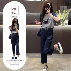 팬츠 데님 여성용 빈티지 일자 하이웨스트 톱에 프린트 세트 정장세트 부 고양이 반팔 MF1