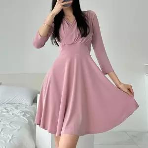 여자 브이넥 셔링 스판 하객룩 미니 플레어 원피스