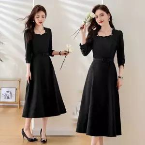 원피스 여사친 가을 럭셔리 가벼운 시크 스퀘어넥 긴팔 스트링 엠보 롱스커트 BE3