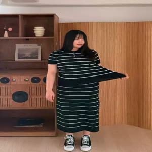 단 스트라이프 반팔 티셔츠+롱스커트 셋업 세트