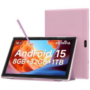 WUIUHOU 10 1인치 안드로이드 15 태블릿, 8GB RAM 32GB 스토리지, HD IPS 디스플레이, 5G WiFi 6 600mAh 배터리, 통화용 듀얼 카메라, 케이스 탭 및 업무용 스타일러스 펜/스터디 태블릿 핑크색