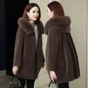 모피 자켓 캐시미어 밍크 트렌치 코트 여성용 인조 양 전단 한국 긴 여우 칼라 후드 여성 따뜻한 재킷 가을