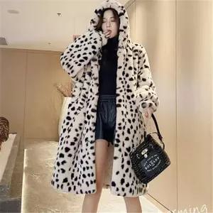 모피 자켓 캐시미어 밍크 트렌치 코트 여성용 미드 롱 후드 긴팔 따뜻한 모조 토끼 호피 무늬 재킷 트렌디