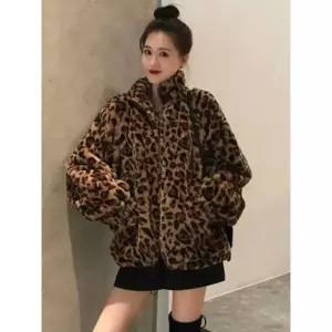 모피 자켓 캐시미어 밍크 트렌치 코트 여성용 레오파드 재킷 따뜻한 스탠드 칼라 지퍼 플러시 빈티지 한국