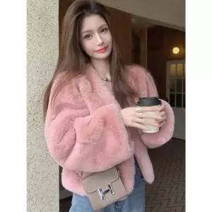 모피 자켓 캐시미어 밍크 트렌치 코트 여성용 핑크 인조 토끼 푹신한 재킷 짧은 겨울 [호환]