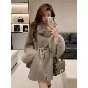 모피 자켓 캐시미어 밍크 트렌치 코트 여성용 겨울 양모 케이프 판초 레이디 리얼 여우 망토 칼라 커프 재