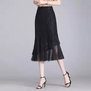 여성 블랙 레이스 머메이드 스커트 봄여름 언밸런스 망사 중기장 힙업 B06Z2I 원템1