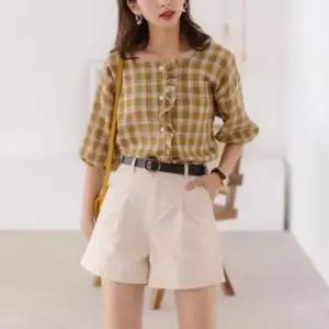 [옷은날개] 스퀘어넥 체크 프릴 블라우스
