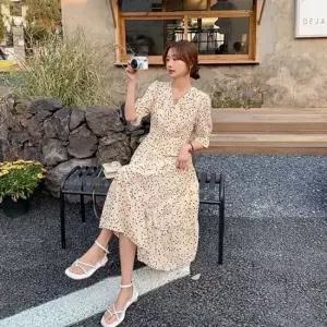 여름 반팔원피스 랩디자인 도트패턴 롱원피스 허리밴
