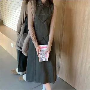 데님 롱 레이어드 카라 여자 워싱 원피스 민소매