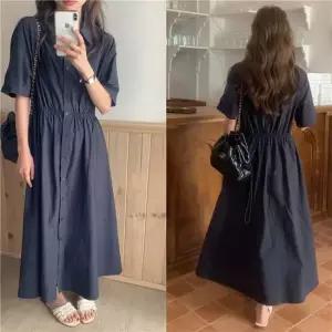 베이직 허리밴딩 롱 반팔 블라우스 원피스