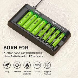 XTAR LC8 스마트 8 베이 리튬 이온 AA/AAA 배터리 충전기 USB C 입력은 표시기가 있는 1.5V 충전식 리튬 이