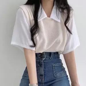 [옷은날개] 여성 카라 티셔츠 골지 조끼 레이어드 페이크 반팔티